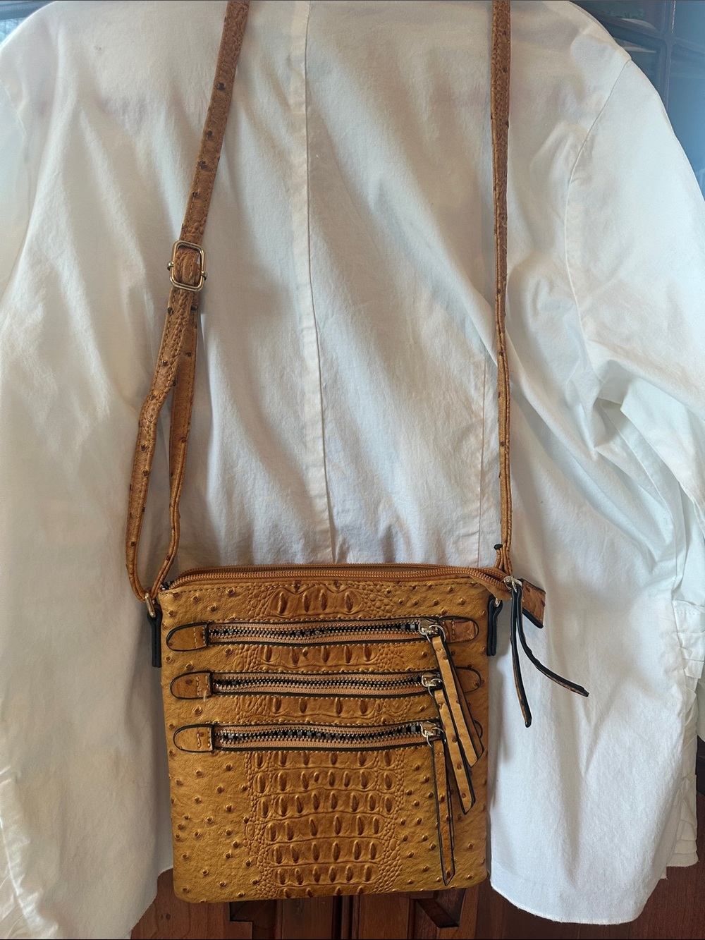 Tan Crossbody Ostrich-Texture Leather Bag - Women's Shoulder Bag